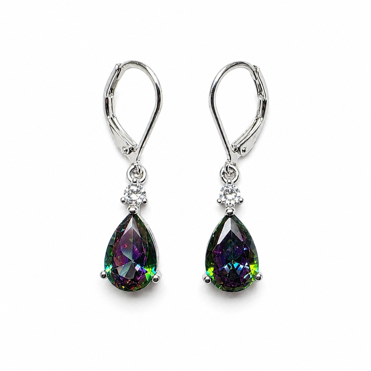 Teardrop Mystic Topaz Drop Earrings – Iridescent Pear Cut w/ CZ Silver Leverback