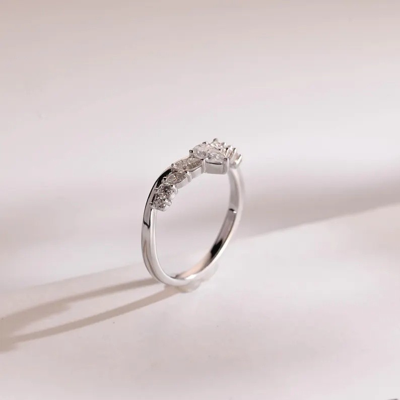 Pear Cut Moissanite With 18k White Gold Plated Silver Women’s Band Ring #84