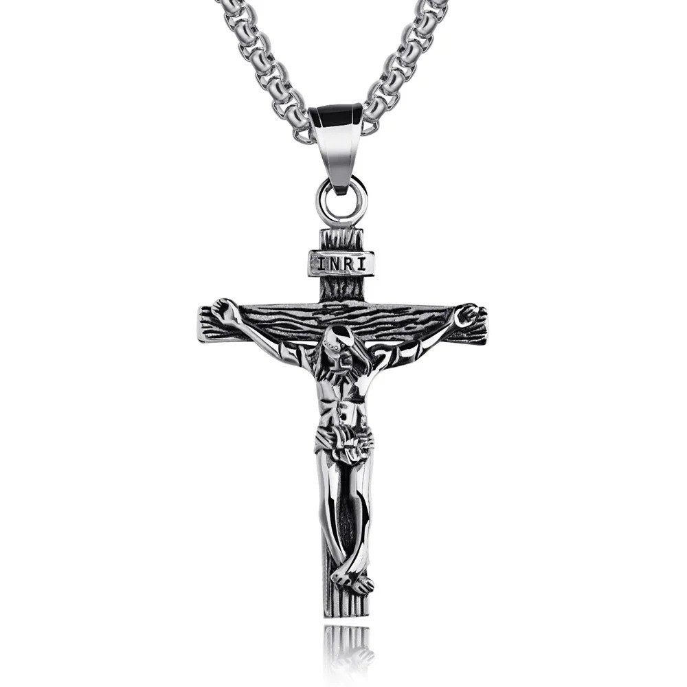 Men Stainless Steel Jesus Christ Crucifix Cross Pendant Chain Necklace