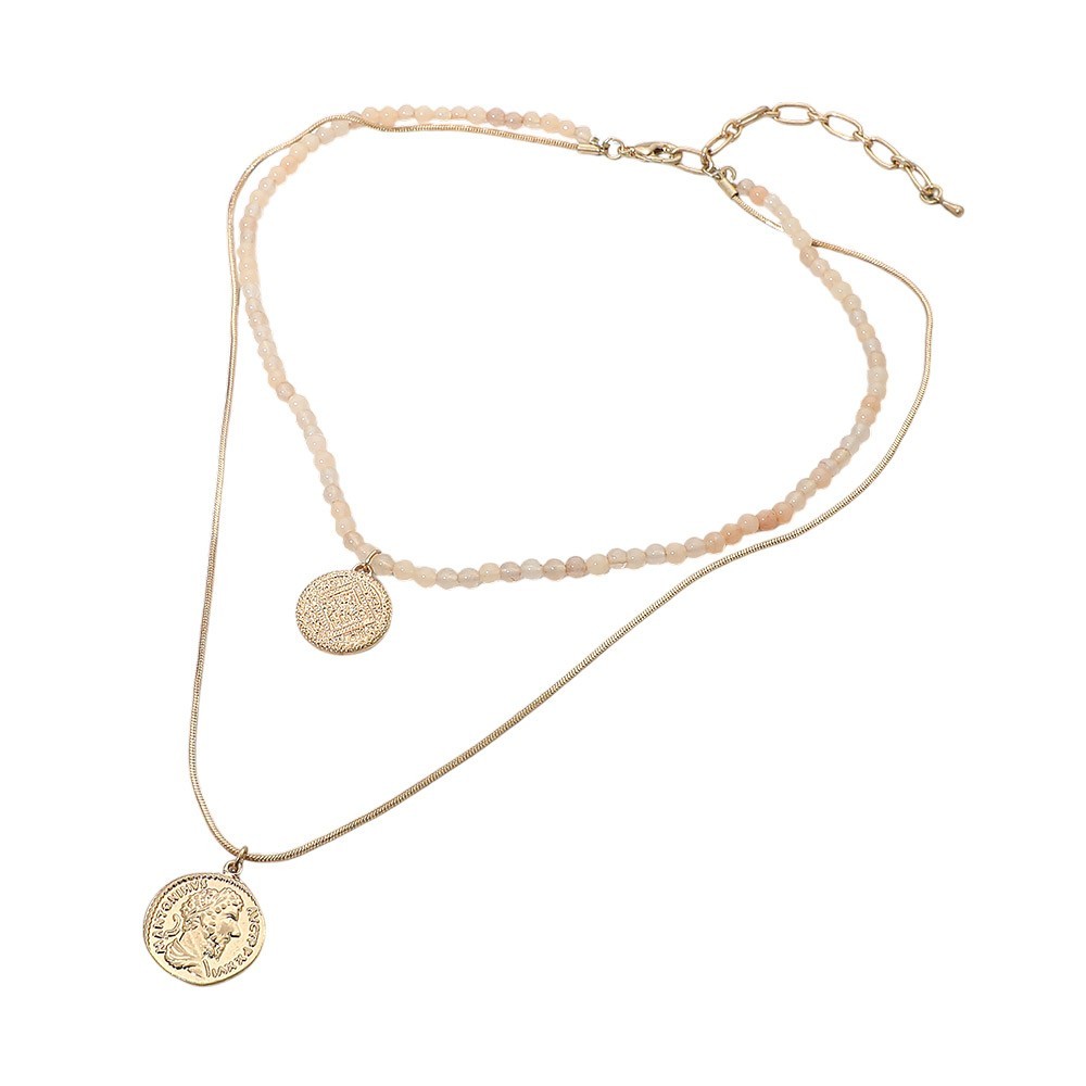 Layered Coin Pendant Beaded Necklace Gold Tone Double Strand Boho Jewelry Women