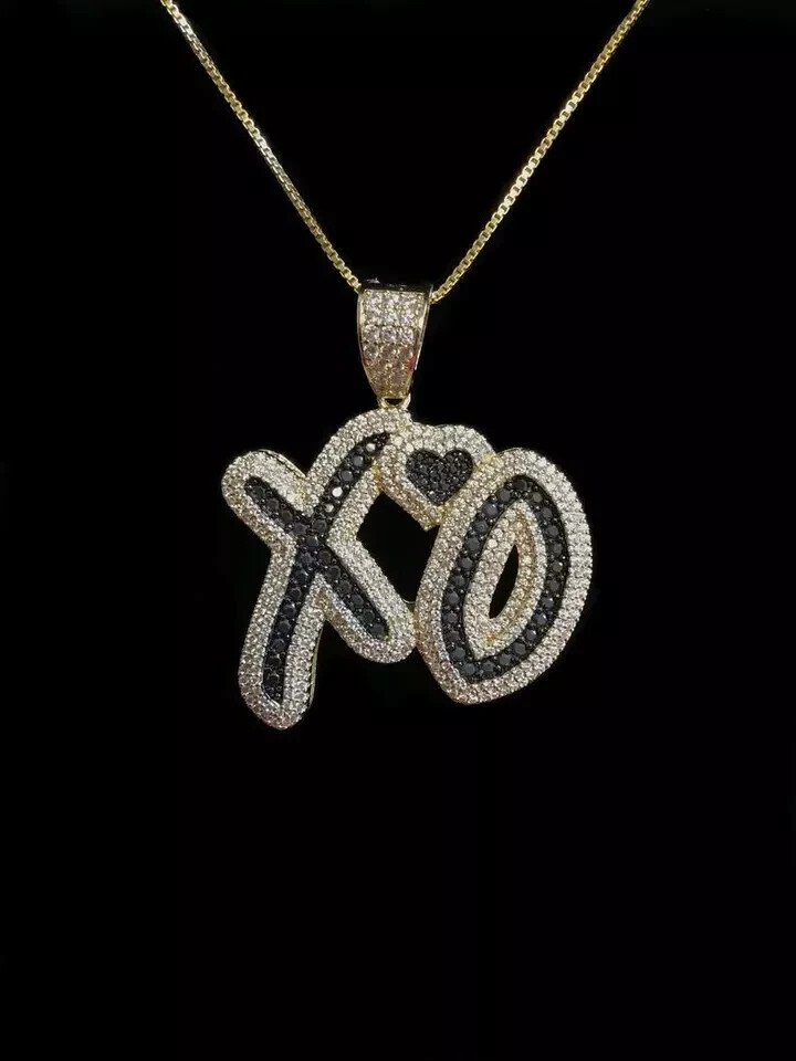 2.05ct Black White Cubic Zirconia XO Pendant Chain Yellow Gold Plated Silver