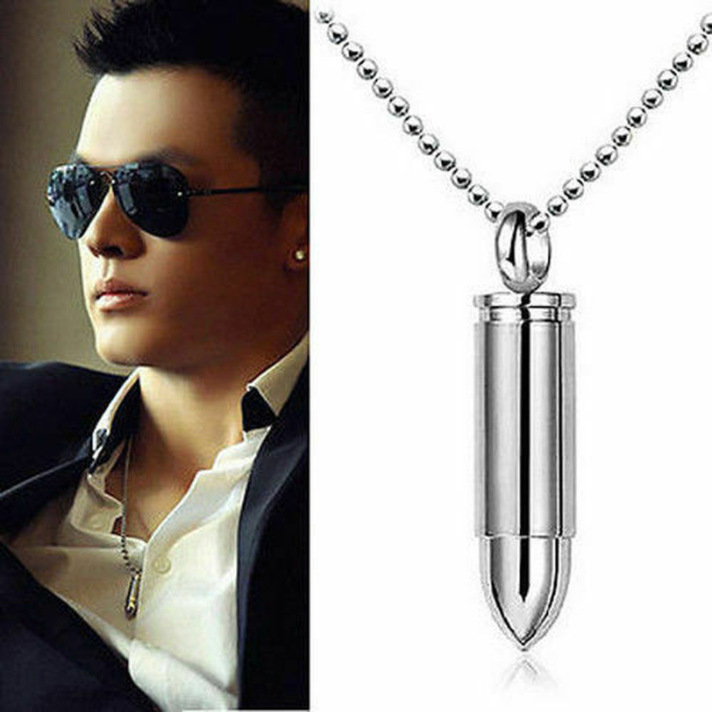 Cremation Stainless Steel Bullet Urn Necklace Ash Keepsake Memorial Pendant Mens
