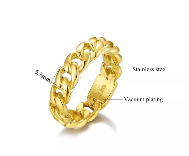 Stainless Steel Gold Plated Trendy Cuban Link Band Ring Unisex, Size6/7/8/9