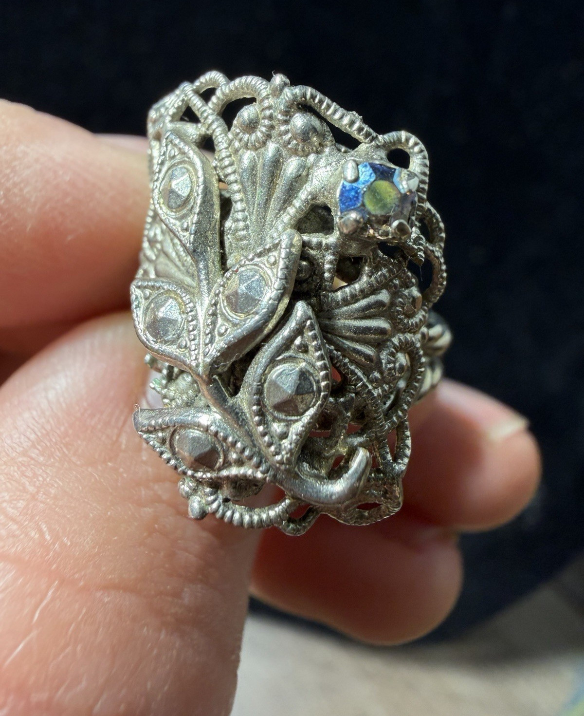 Vintage Adjustable Filigree Statement Ring Silver Tone AB Rhinestone Floral