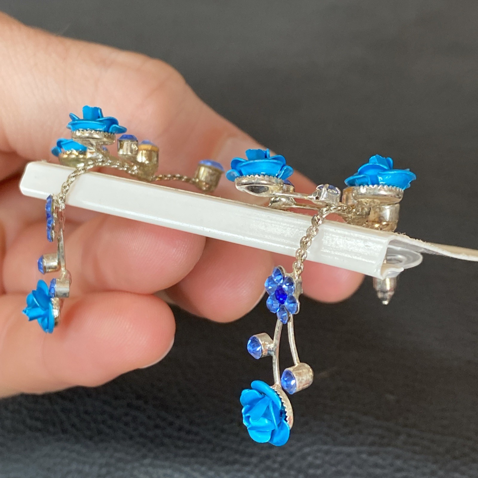Faceted Blue Rhinestone Retro Aluminum Rose Dangle Silvertone Flower Earrings