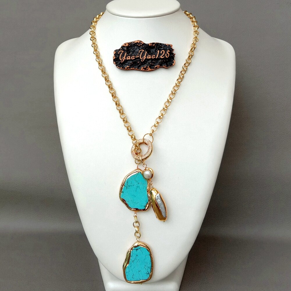 27″ White Biwa Pearl Turquoise Lariat Chain Necklace