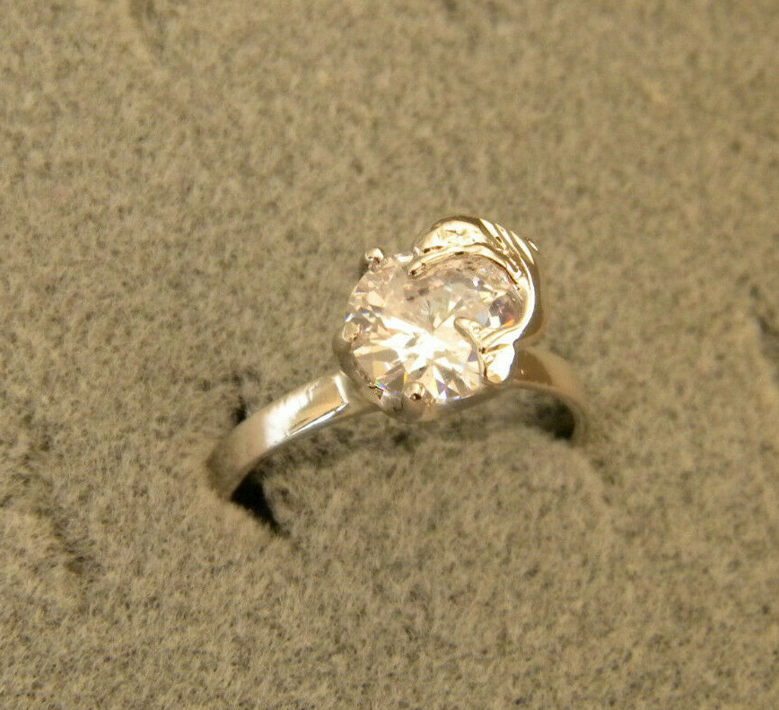 Girl’s Lady’s Women’s Rhodium Plated Dolphin Ring Round Clear 6mm CZ Size 7