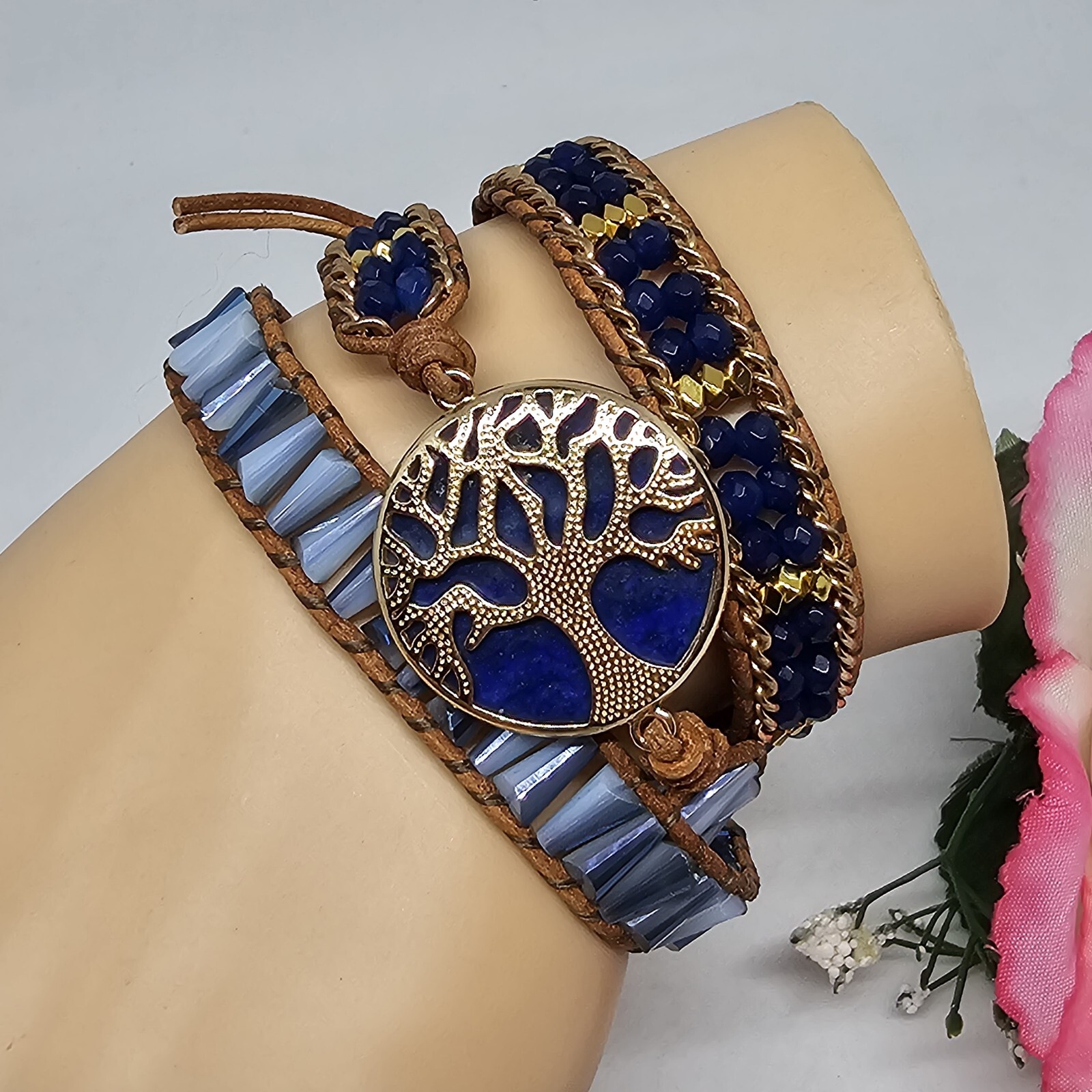 Blue Lapis Lazuli Tree of Life Bracelet Gold Crystal Braded Wrap Leather Boho