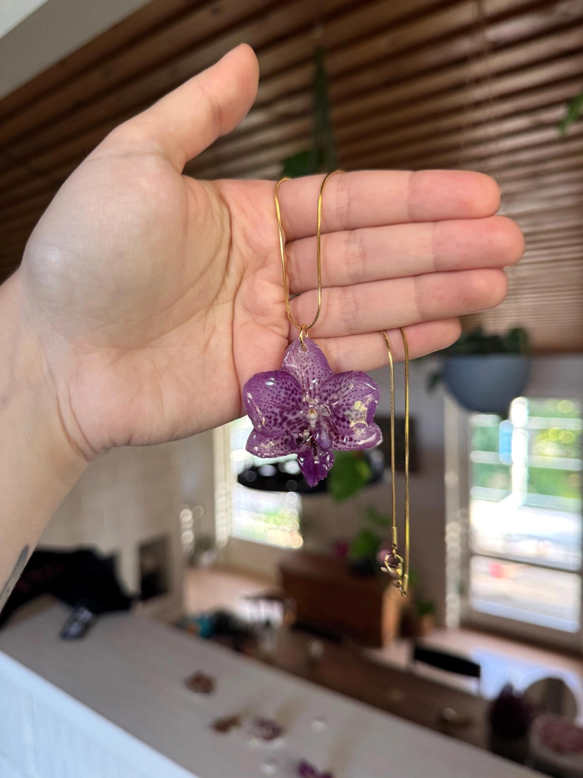 **Orchid Necklace with Real Purple Flower Resin Handmade Jewelry Gift**