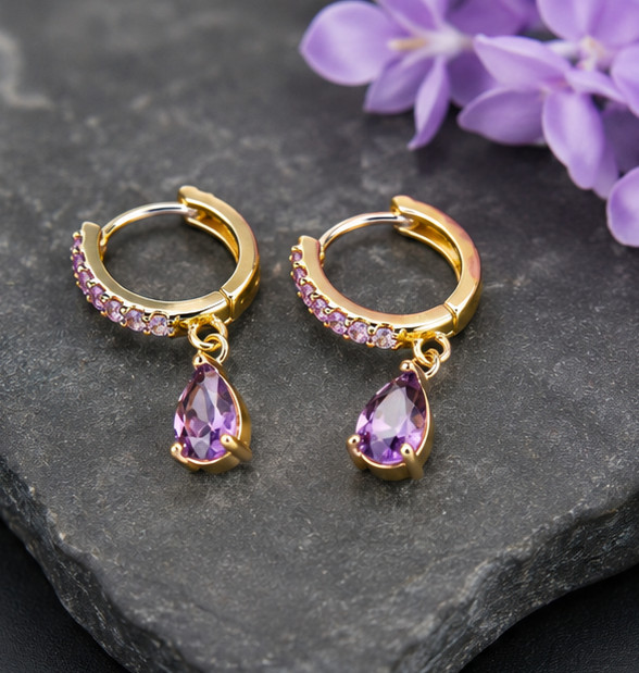 2.00Ct Pear Cut Simulated Amethyst Dangle Hoop Earrings 14K Yellow Gold Plated