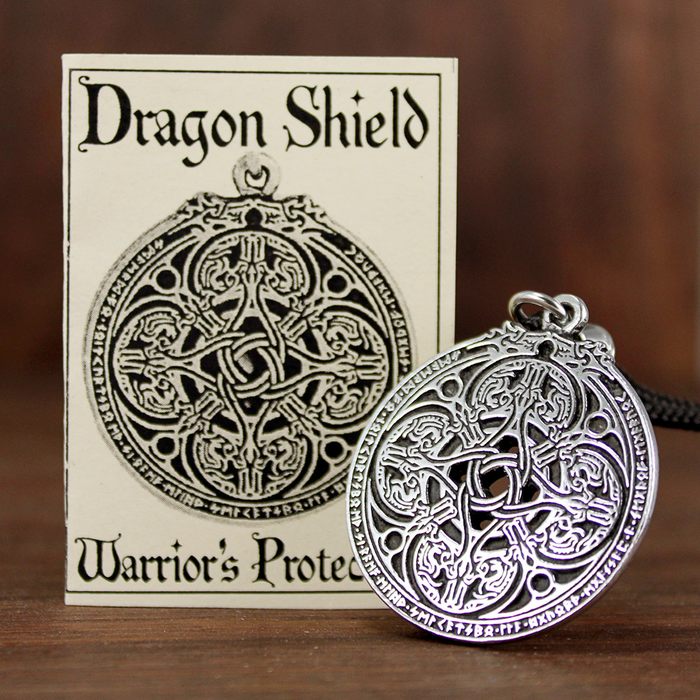 Pewter Celtic Knot Dragon Shield Necklace Talisman Amulet Military Pendant