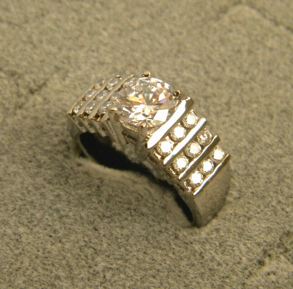 Lady Women Rhodium Plated 19 Clear CZ Ring Channel Setting w Solitaire Size 6.5