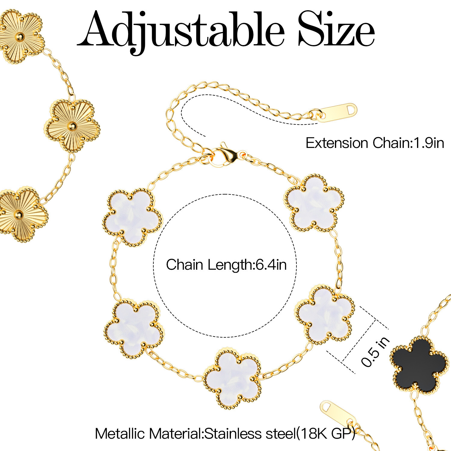3Pcs 18K Gold Plated Clover Lucky Bracelet Women Flower Five Leaf Link Bracelet