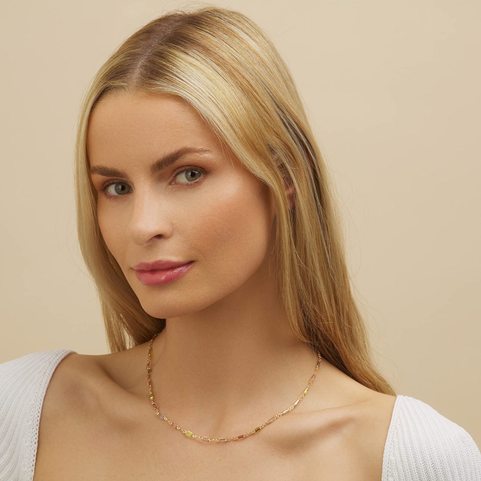 18K Gold Plated Multi-Stone Crystal Baguette Necklace for Women – Handmade in Br