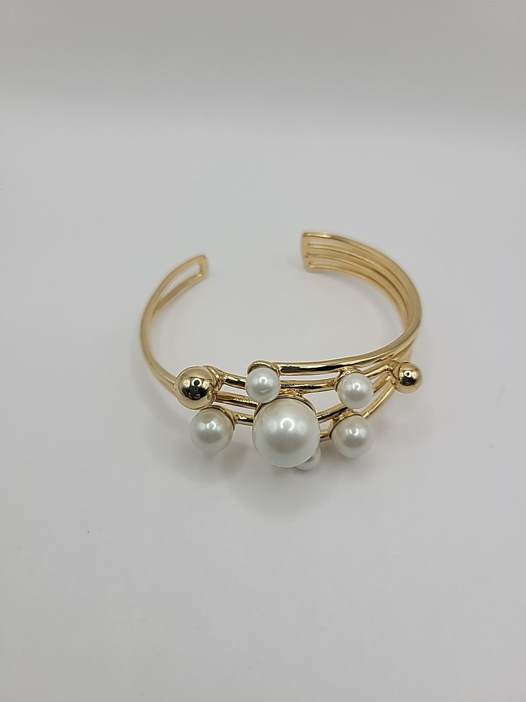 Gold Tone Faux Pearl Cuff Bracelet Multi Strand Open Bangle Statement Elegant