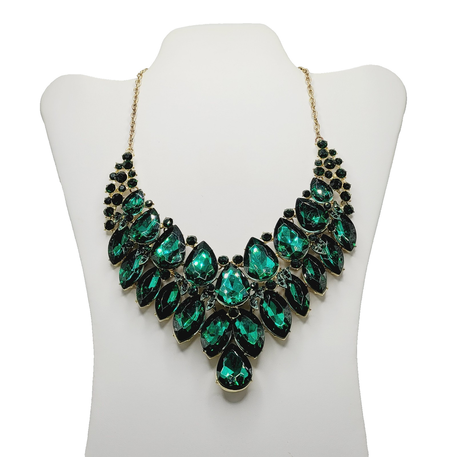 Christina Collection Green Faceted Glass Rhinestone Gold Tone Formal Necklace