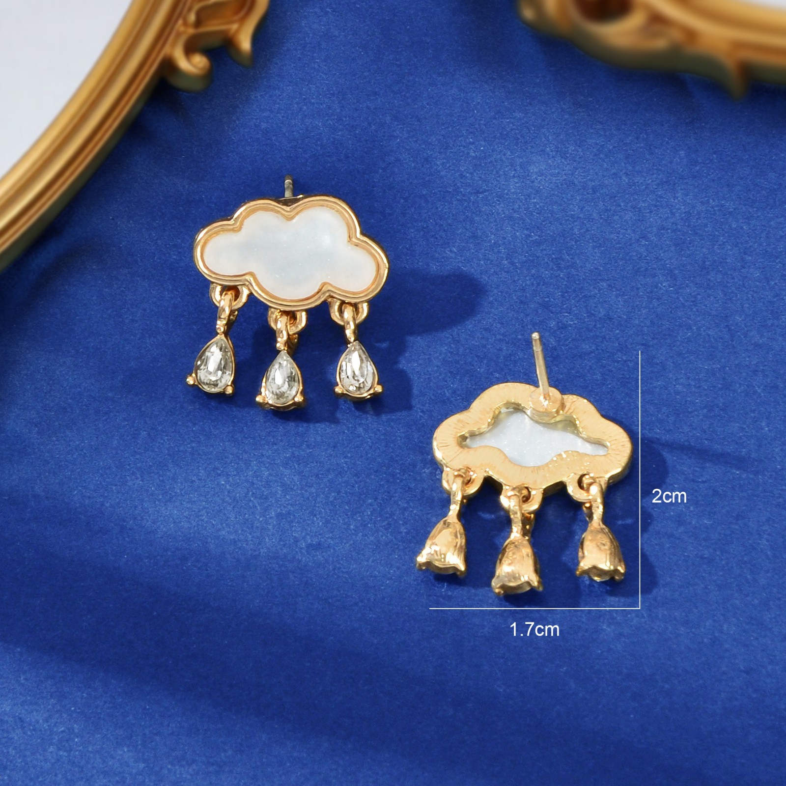 Cute Romantic Gold Border White Cloud Stud Rhinestone Raindrop Dangle Earrings