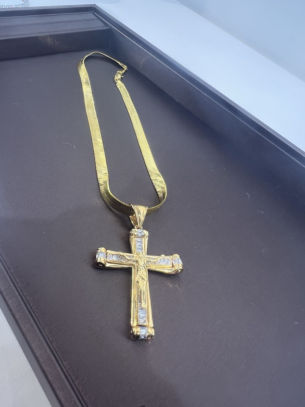 Gold Plated, Cross, Pendant, Necklace, Cubic, Zirconia, Cz Herringbone Chain