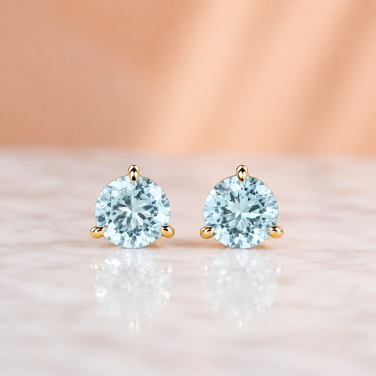 2Ctw Round Aquamarine Stud Earrings 14K Yellow Gold 3-Prong Push Back