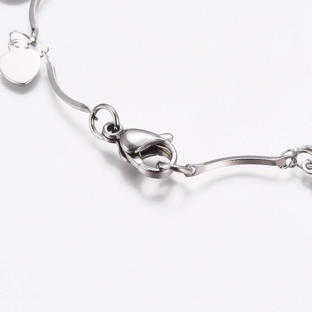Stainless Steel Heart Charm Bracelet Bar Bracelet Lobster Silver 7.6″ Z86