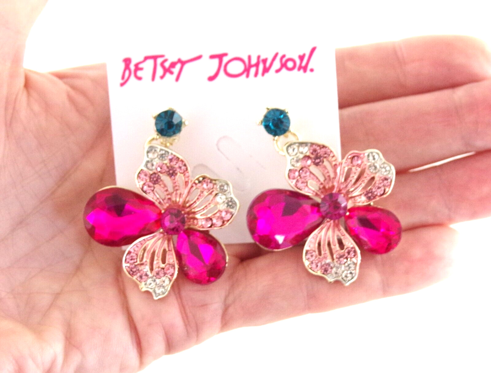 BETSEY JOHNSON MULTICOLOR CRYSTAL FLORAL NECKLACE FLOWER DROP DANGLE EARINGS SET