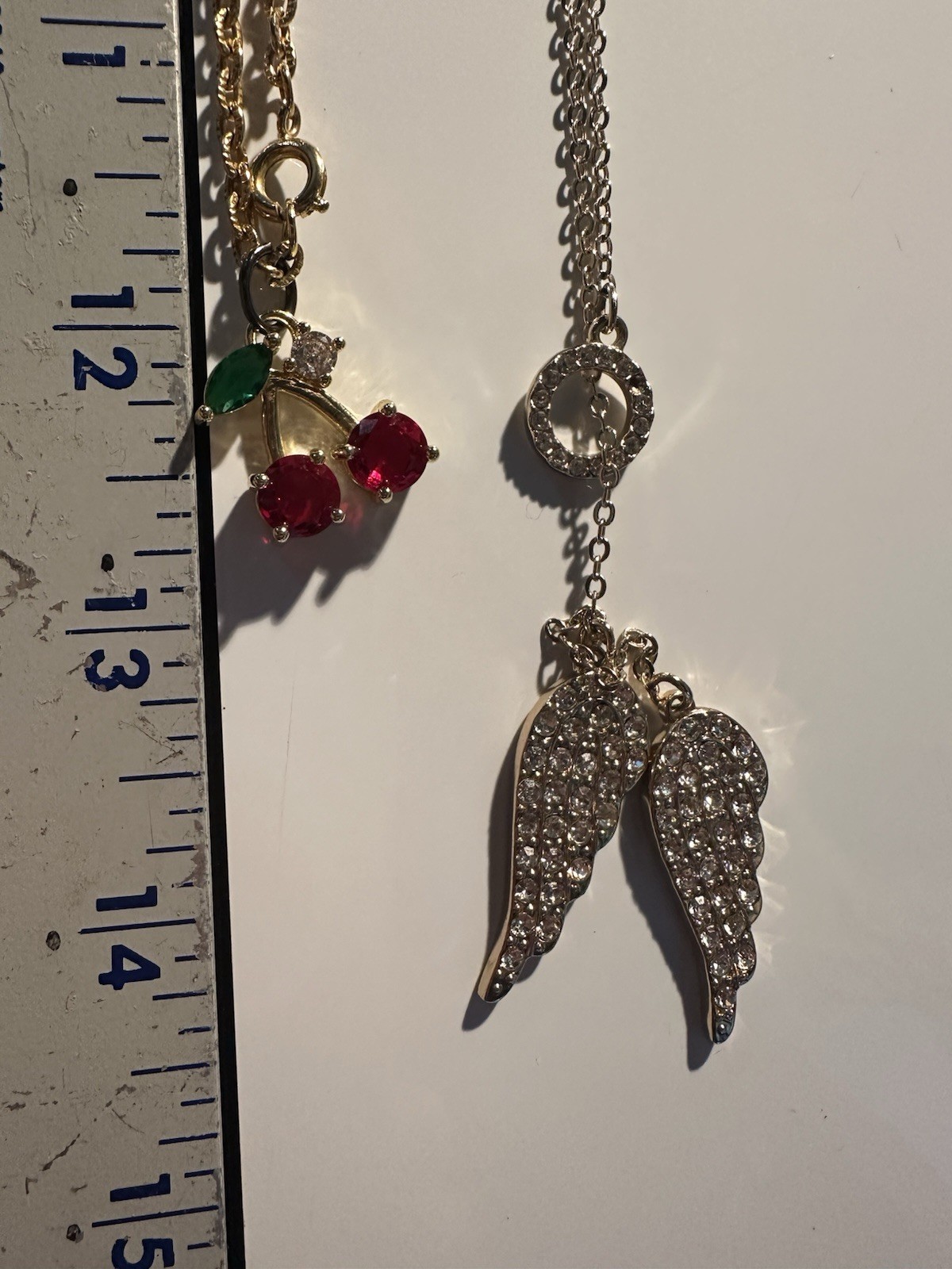 Lot of 2 Crystal Rhinestone Angel Wing Pendant Necklaces, Silver & Gold Tone