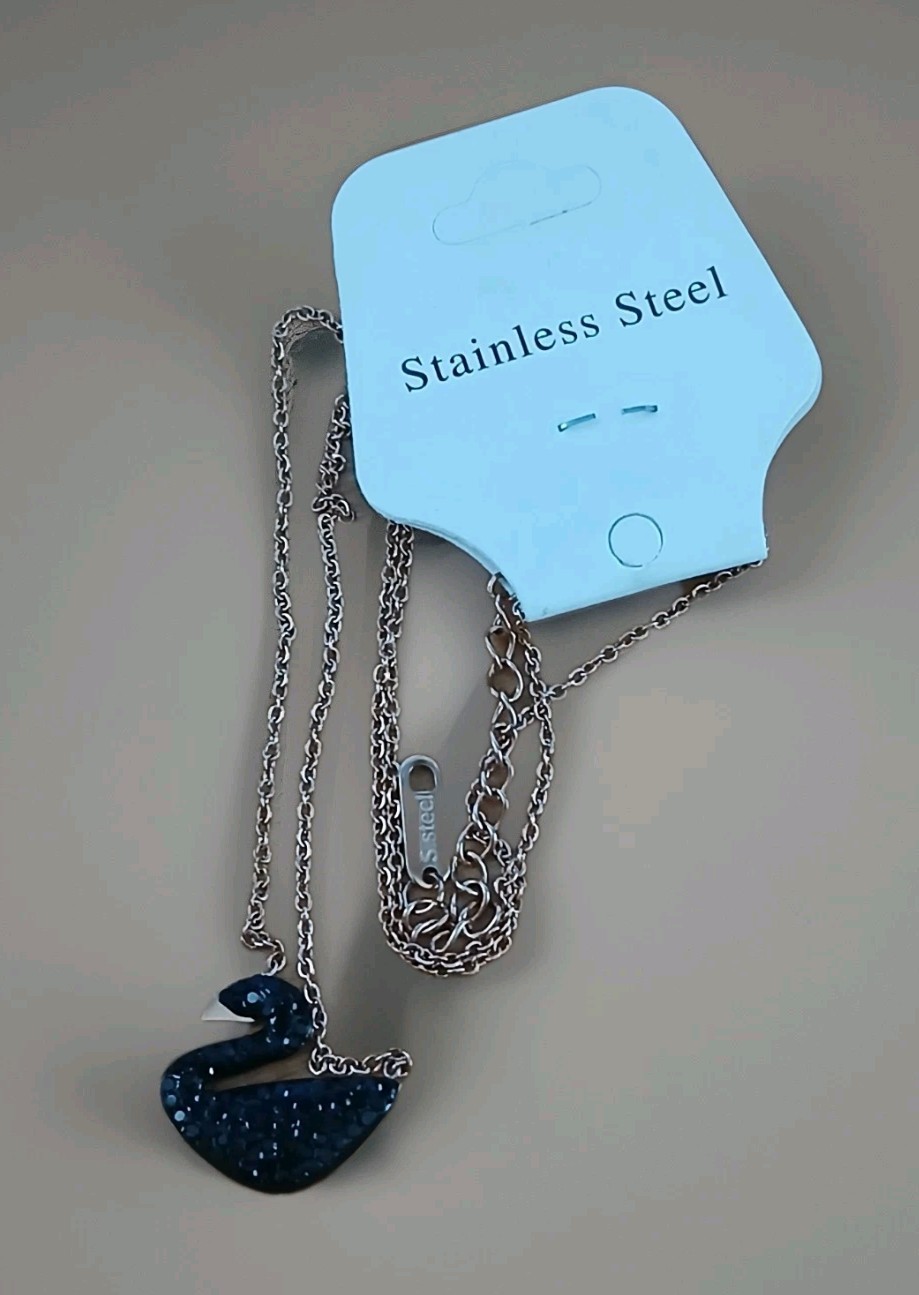 Black Swan W/Crystals Rosetone Stainless Steel Pendant Necklace 16-18″