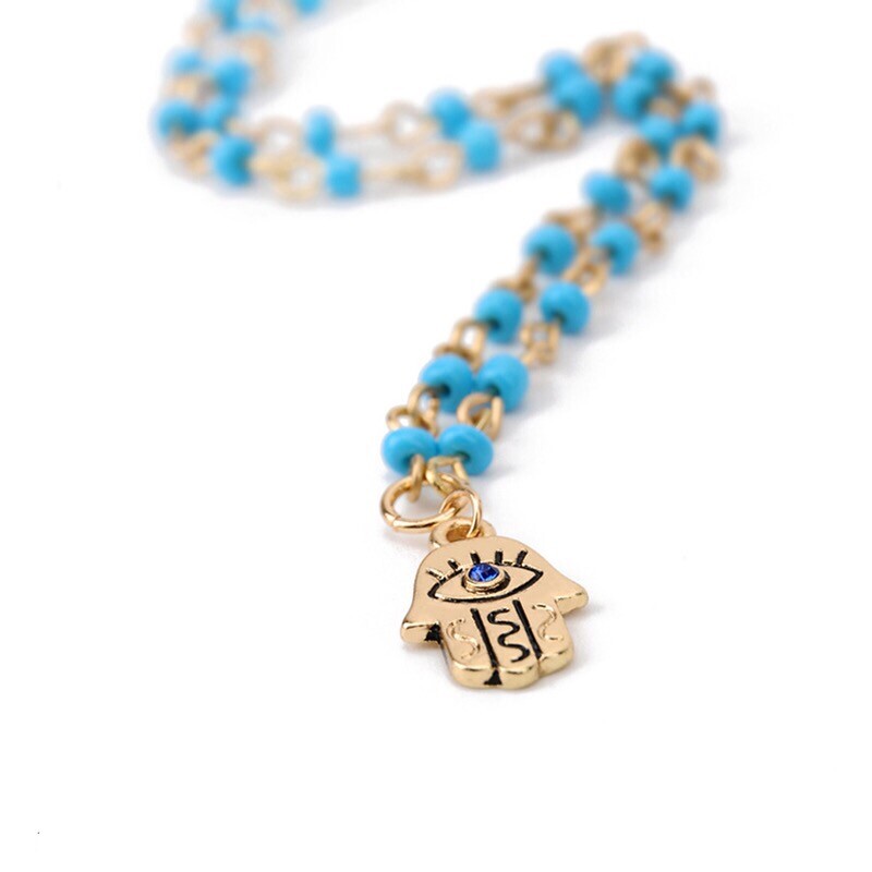 ZARD Evil Eye Hamsa Hand Turquoise Gem Charm Pendant Layered Necklace