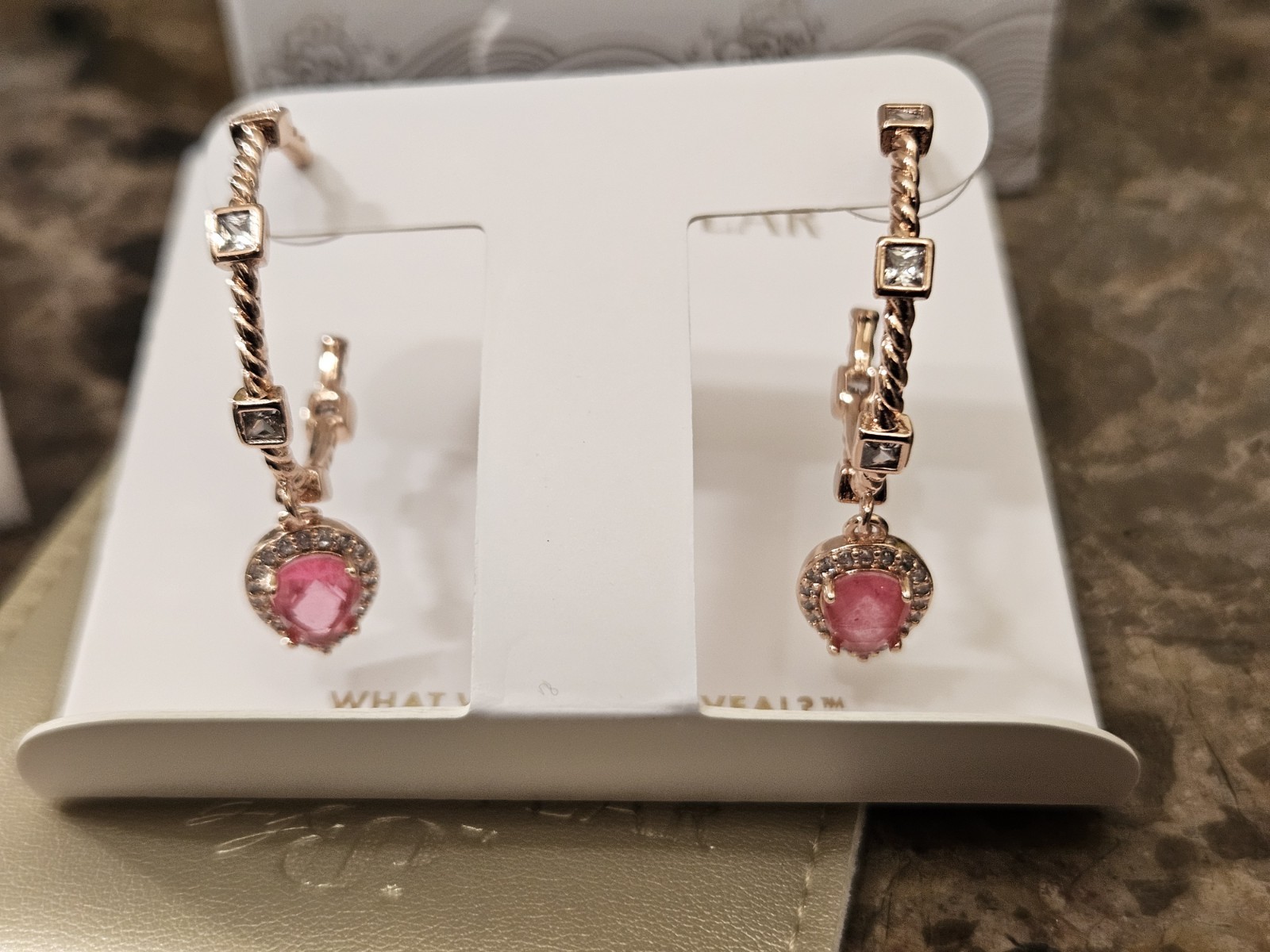 Bomb Party Resort Wear Pink Topaz Genuine Quartz Hoop Earrings On Rose Gold NEW