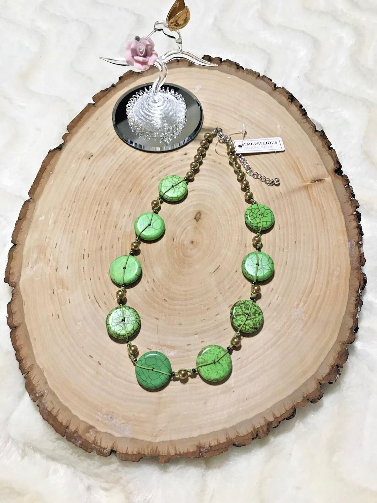 GREEN JASPER & PEARL BEAD NECKLACE SEMI PRECIOUS STONE NEW
