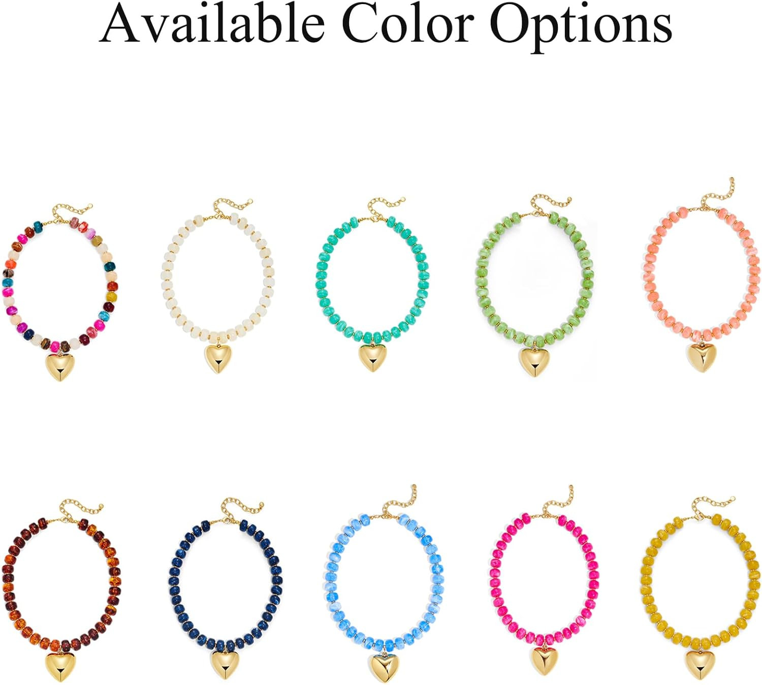 Puffy Gold Heart Necklaces for Women Chunky Beaded Necklace in Several Colorways
