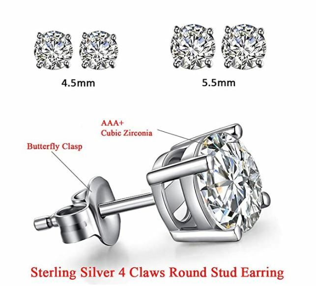 SEAZA 925 Sterling Silver Stud Earrings 5A Cubic Zirconia 2 Pair 4.5mm & 5.5mm