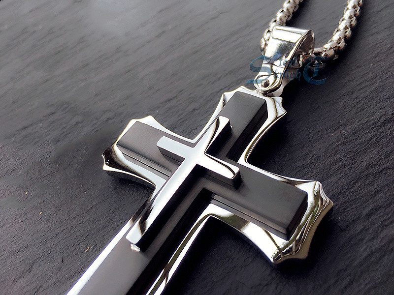 Men Huge Polish Stainless Steel Three Large Cross Pendant Necklace Silver/Black
