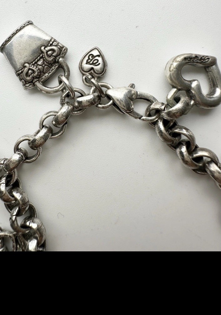 Brighton Silver Chain Charm Bracelet Purse/Handbag & Heart Dangle Charms