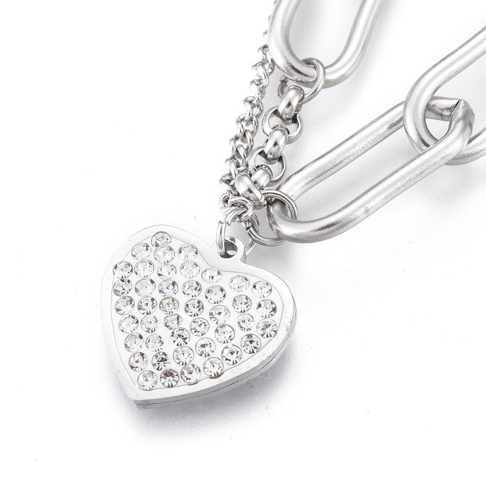 Stainless Steel Charm Bracelet Clay Rhinestone Lobster Heart Silver 6.8″ Z174