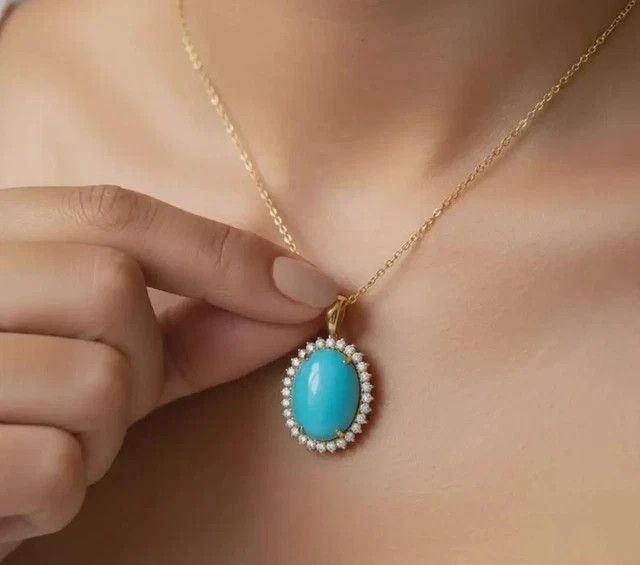 Oval Cut Simulated Blue Turquoise Women’s Halo Pendant 14K Yellow Gold Plated
