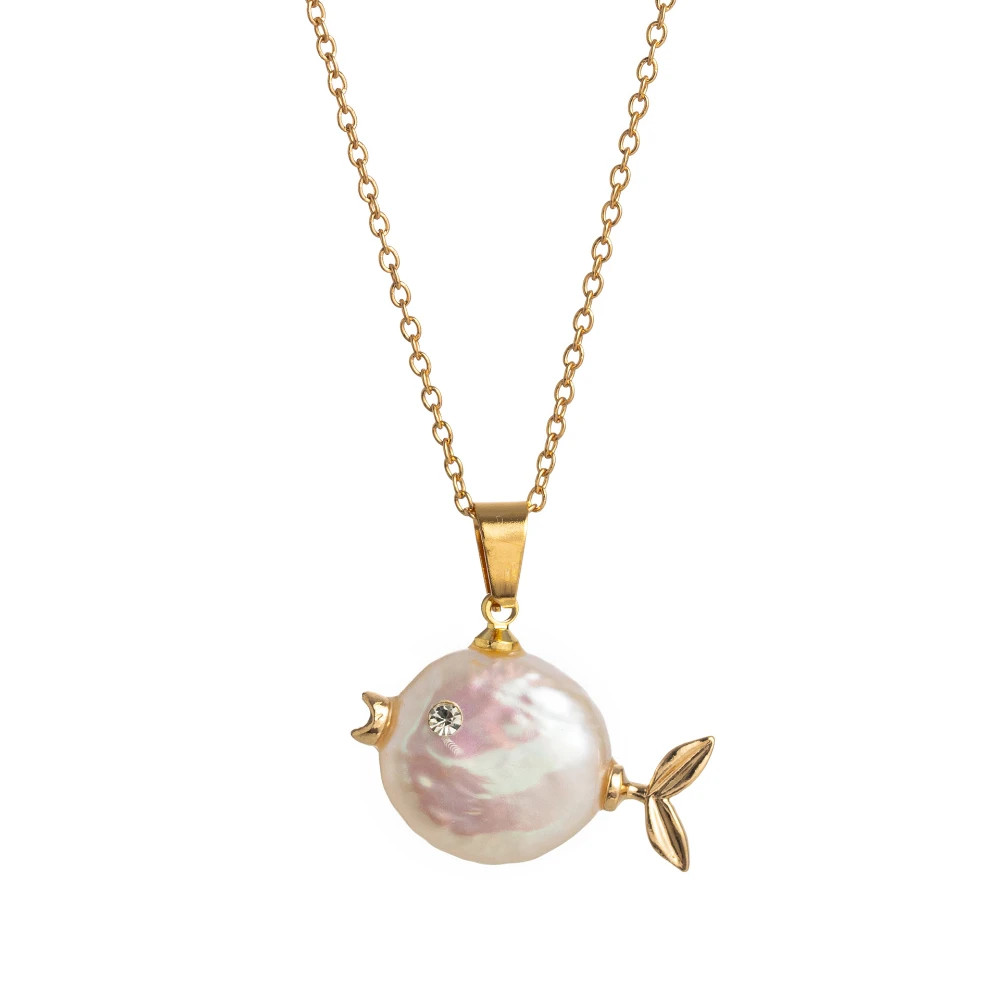 Clownfish Pendant Necklace Pearl Fish Shape O Chain Marine Theme Jewelry