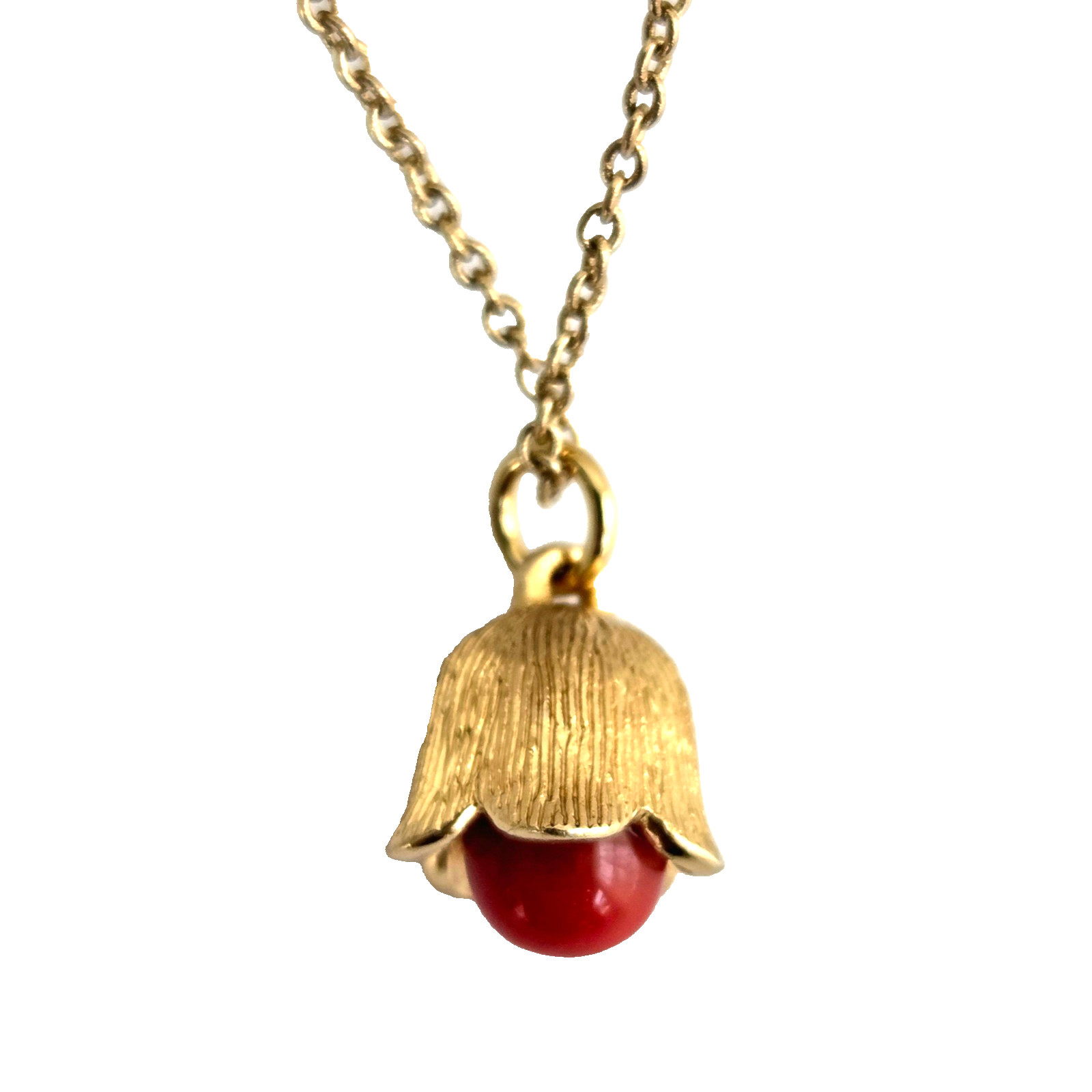 Natural Red Bead Pendant Necklace Gold Color Tulip Scallop Petals Marked