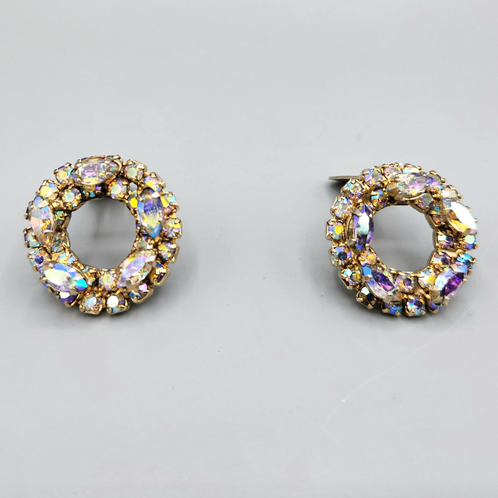 Vintage Unsigned Marquise AB Chaton Rhinestone Halo Circle Clip Earrings