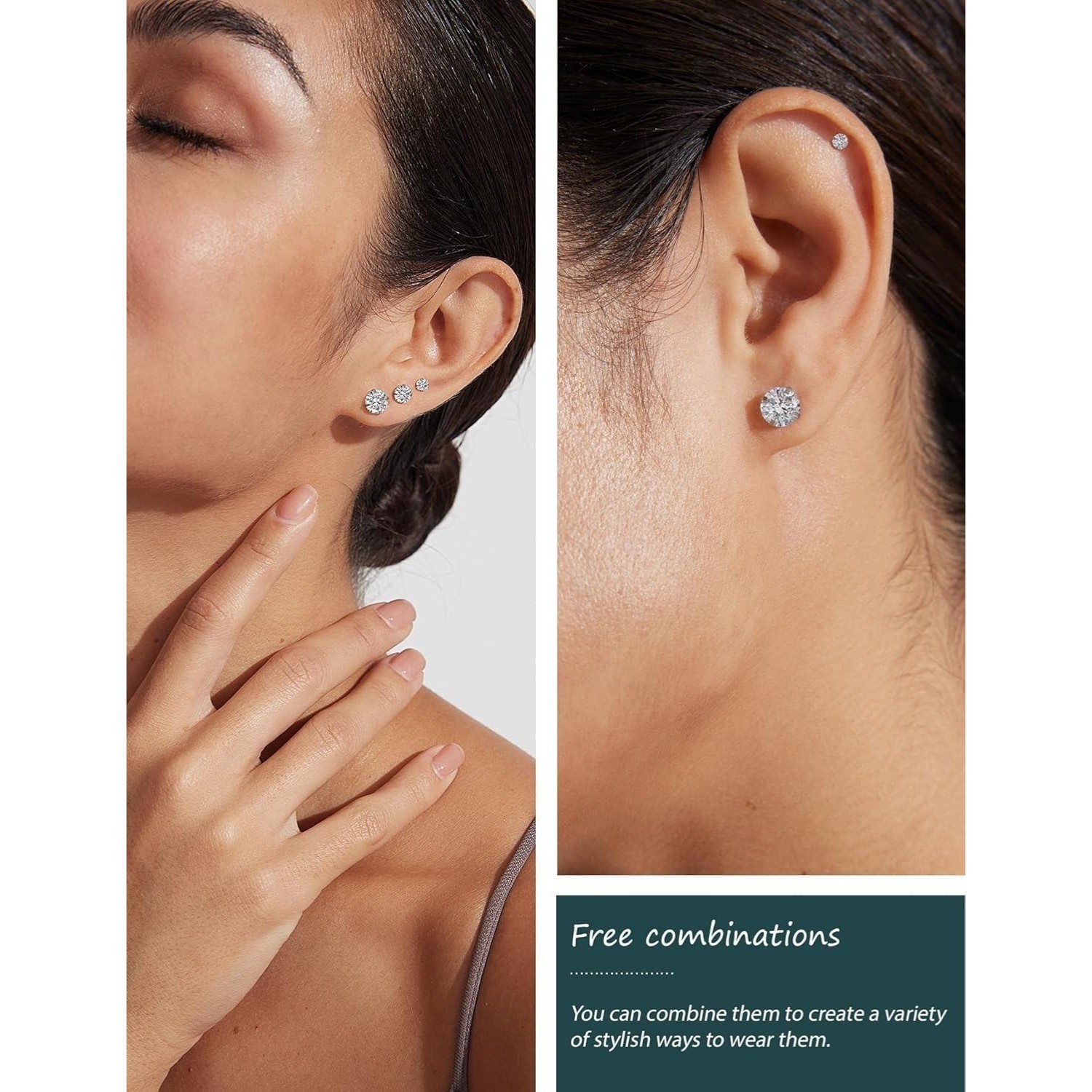6 Pairs CZ Stud Earrings Set Hypoallergenic Stainless Steel Earrings(3-8mm)