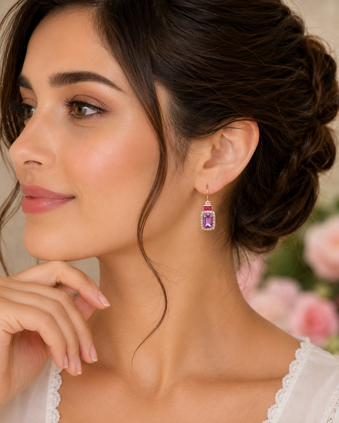 4.50Ct Emerald Cut Simulated Amethyst & Ruby Drop Earrings 14K Rose Gold Plated