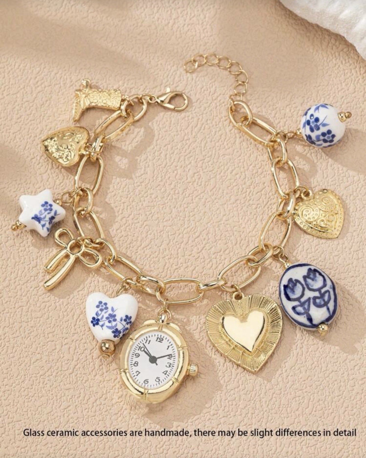Gold Charm Bracelet with Clock, Heart, Bow, Ceramic Beads, Cowgirl Boot Jewelry