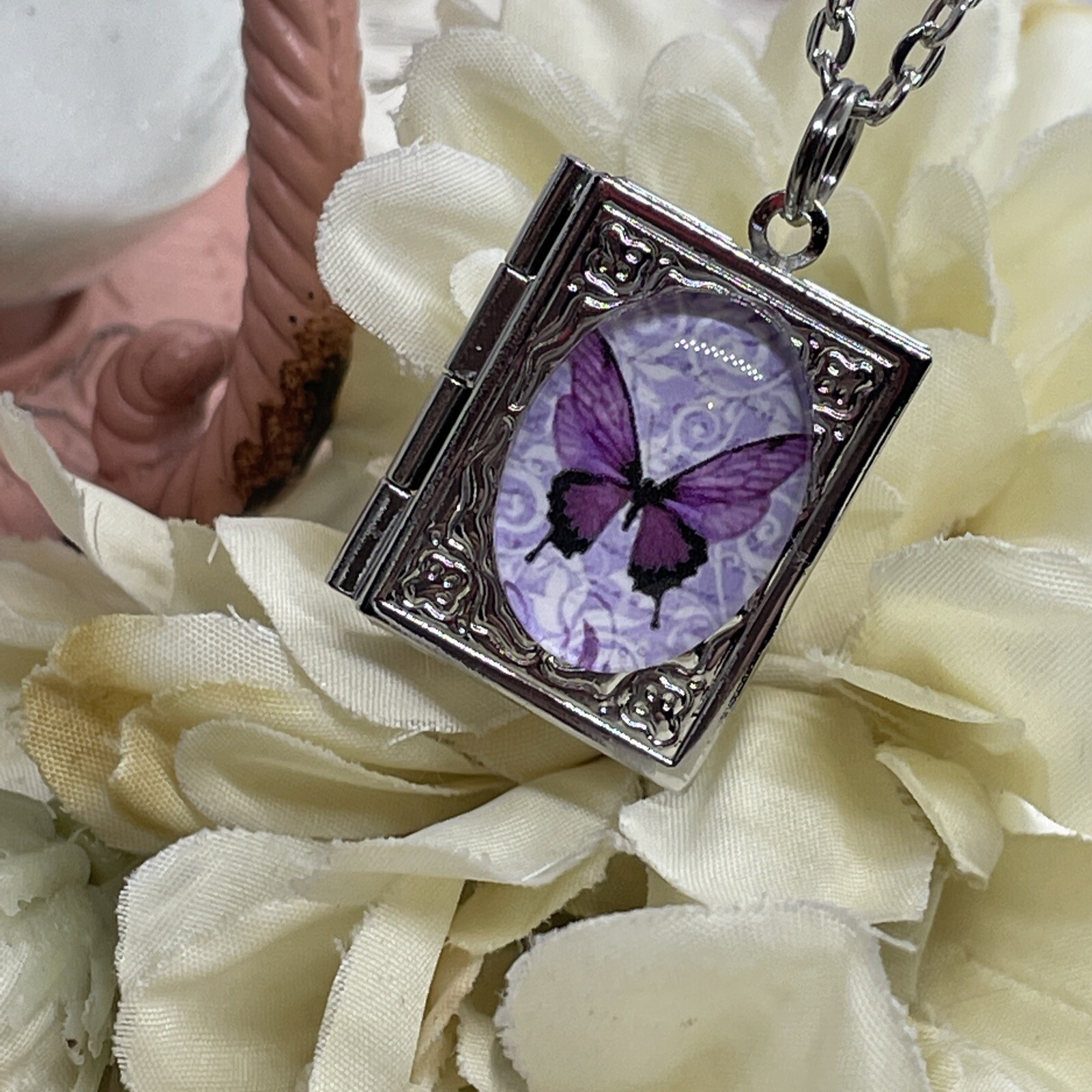 Silver Birthday anniversary purple BUTTERFLY book Locket pendant necklace photo