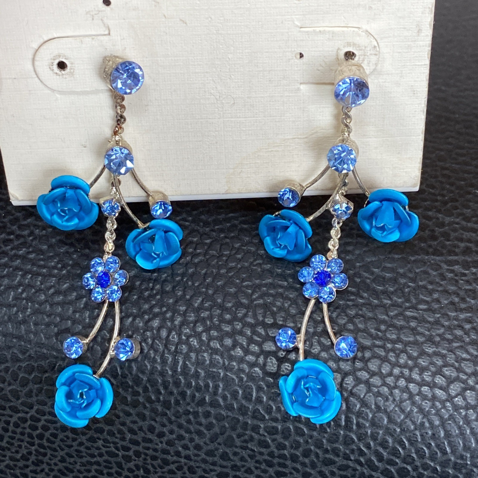 Faceted Blue Rhinestone Retro Aluminum Rose Dangle Silvertone Flower Earrings