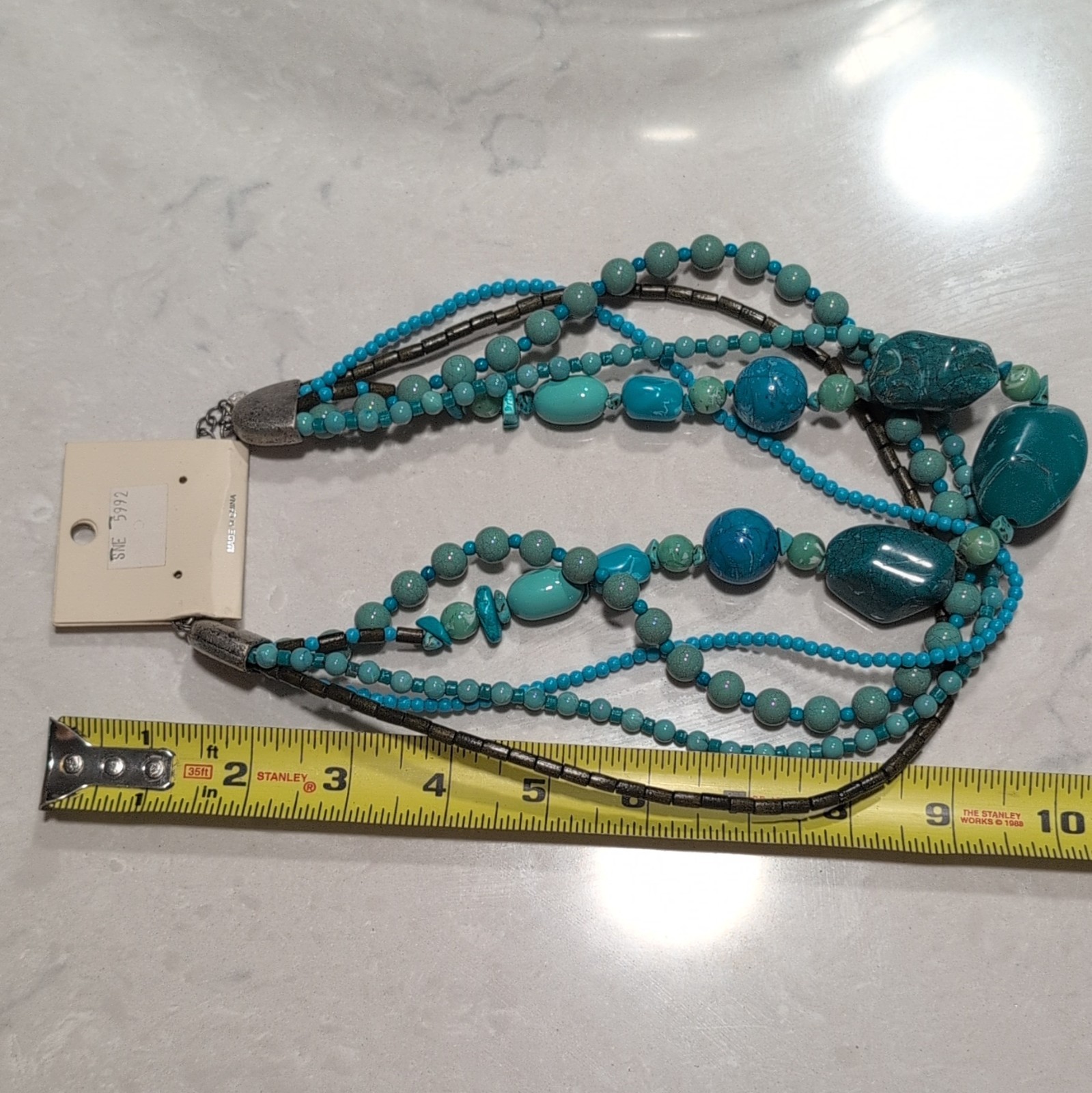DaVinci Layered Turquoise Blue Beaded Necklace, Adjustable 18in Lobster Clasp