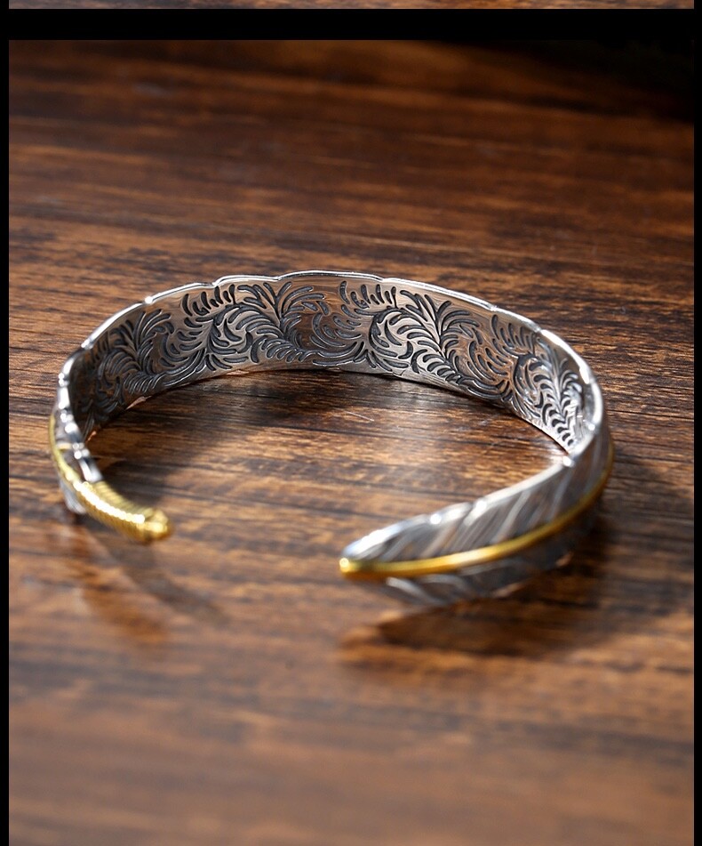 Men’s Fashion Jewelry Silver Feather Adjustable Bangle Cuff Bracelet 1-268