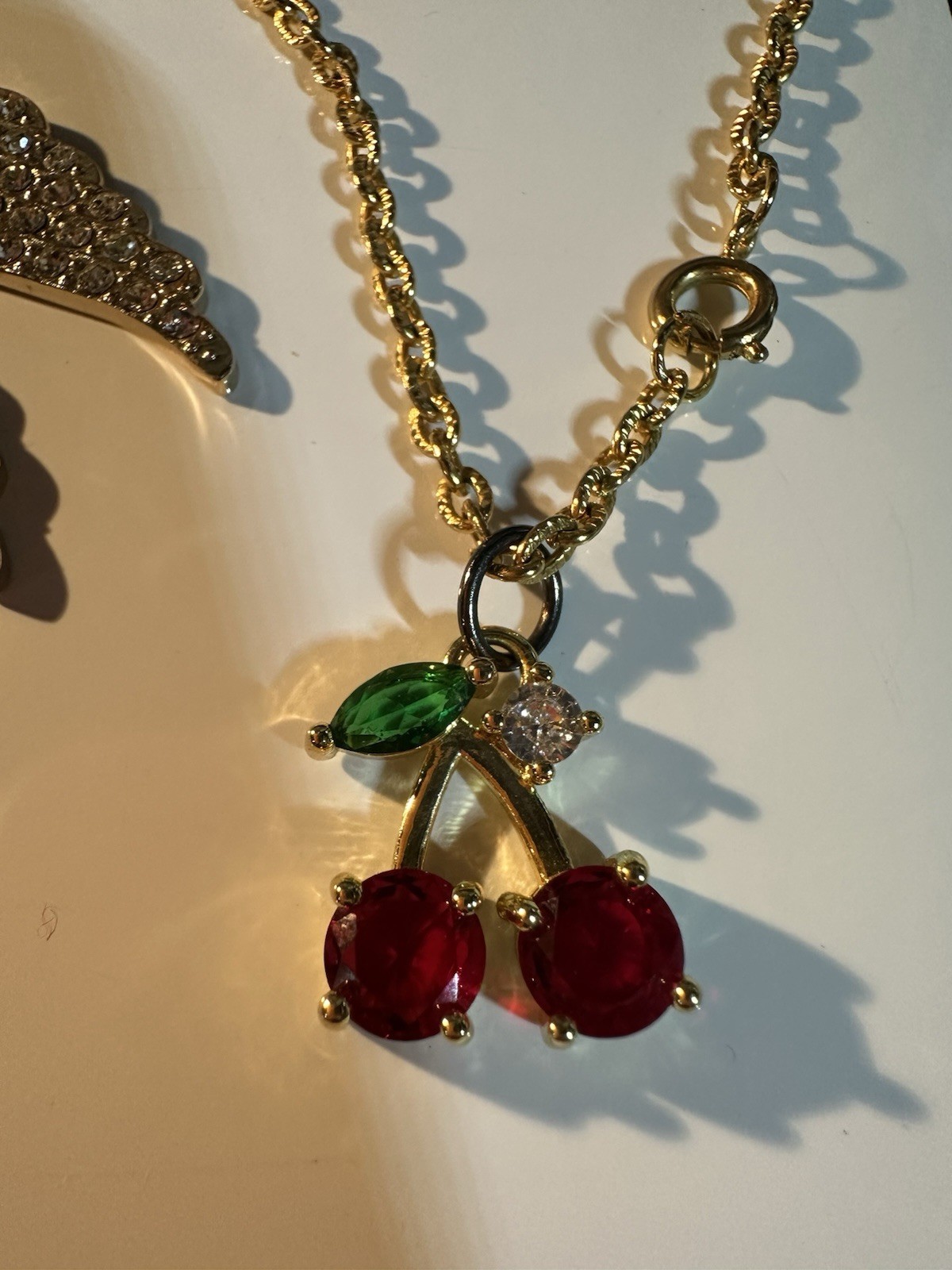 Lot of 2 Crystal Rhinestone Angel Wing Pendant Necklaces, Silver & Gold Tone