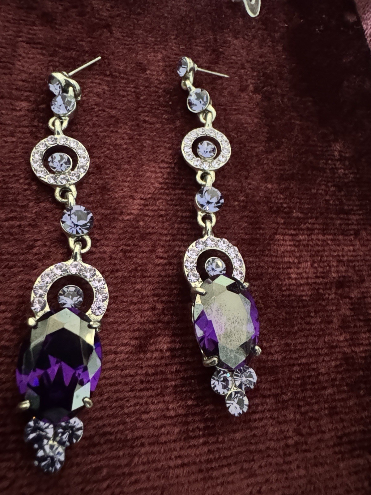 Silver Tone Purple Simulated Crystal Rhinestone Dangle Earrings 3in Butterfly