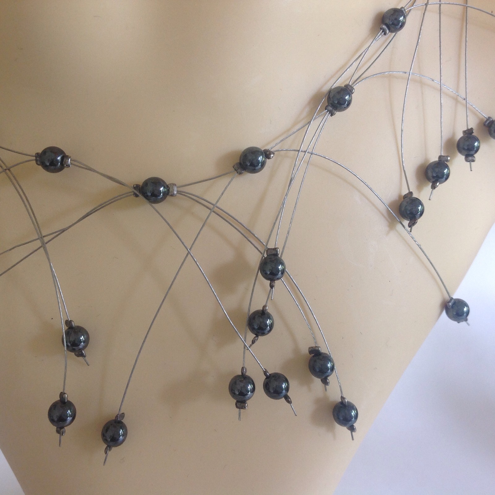 Handmade Delicate 16 Inch Necklace With Glass Pewter Beads And Steel Wire