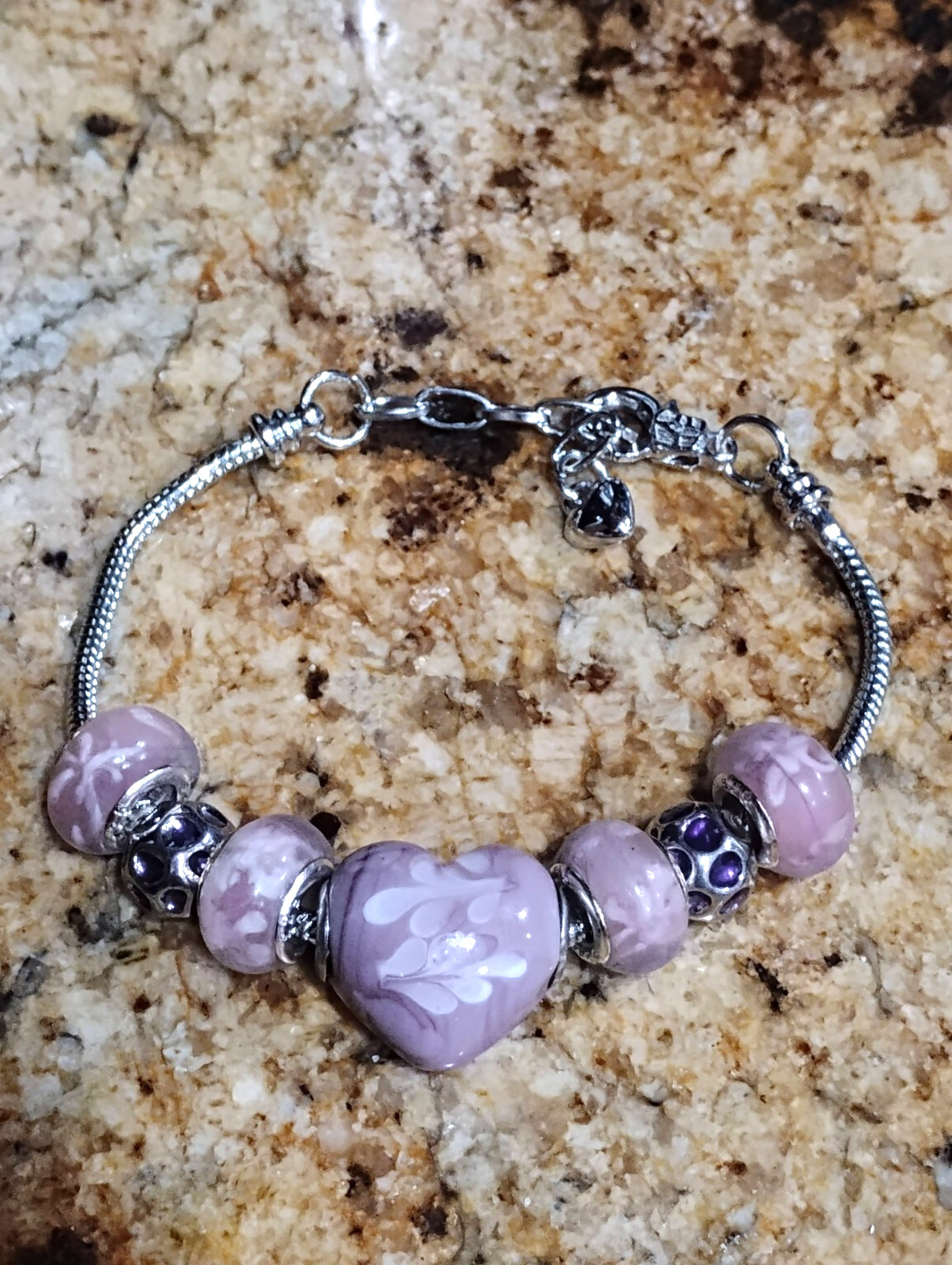 European Charm Bracelet Heart Mauve Light Purple Floral